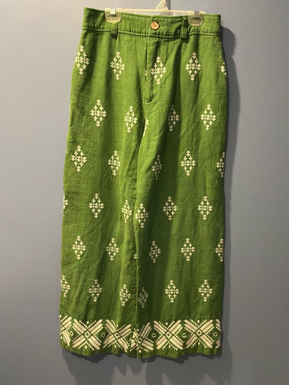 Haute Hippie Green Linen Blend Pants with White Geometric Embroidery